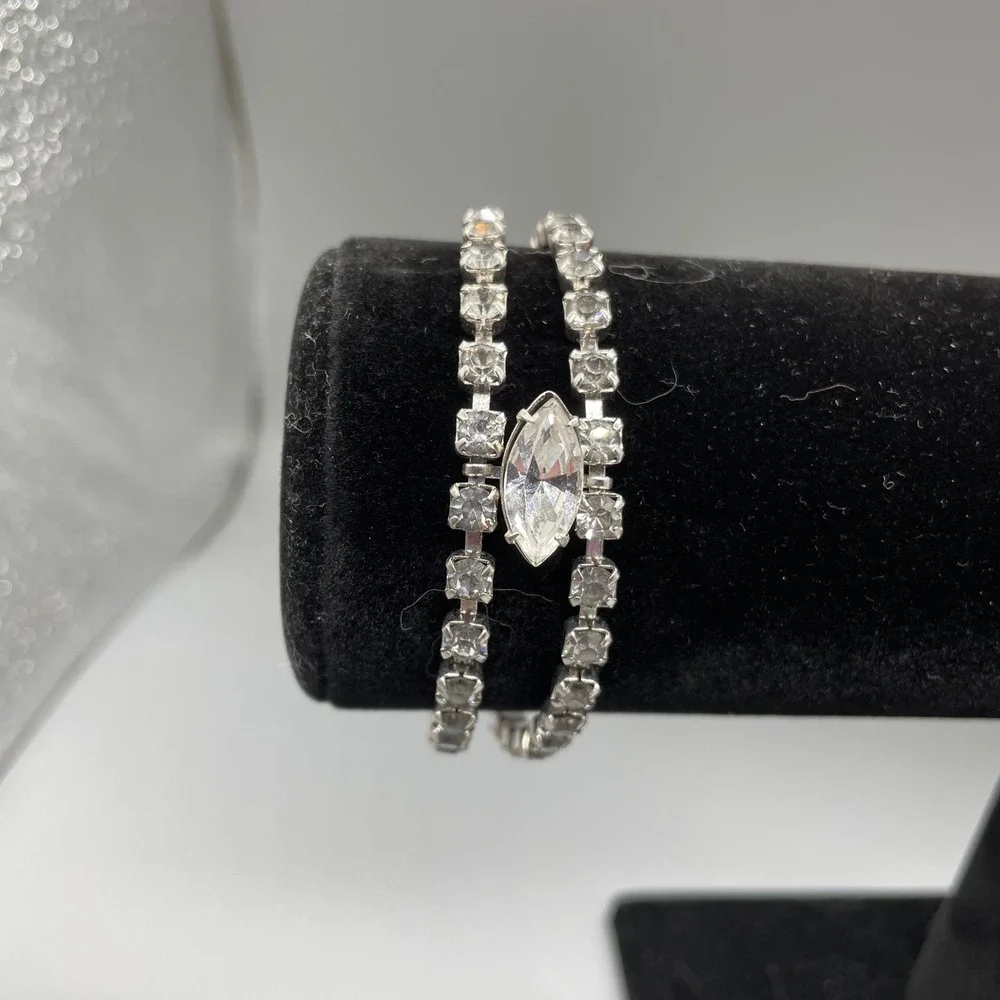 Vintage Double Strand Rhinestone Tennis Bracelet Marquise Center Silver Tone 7in